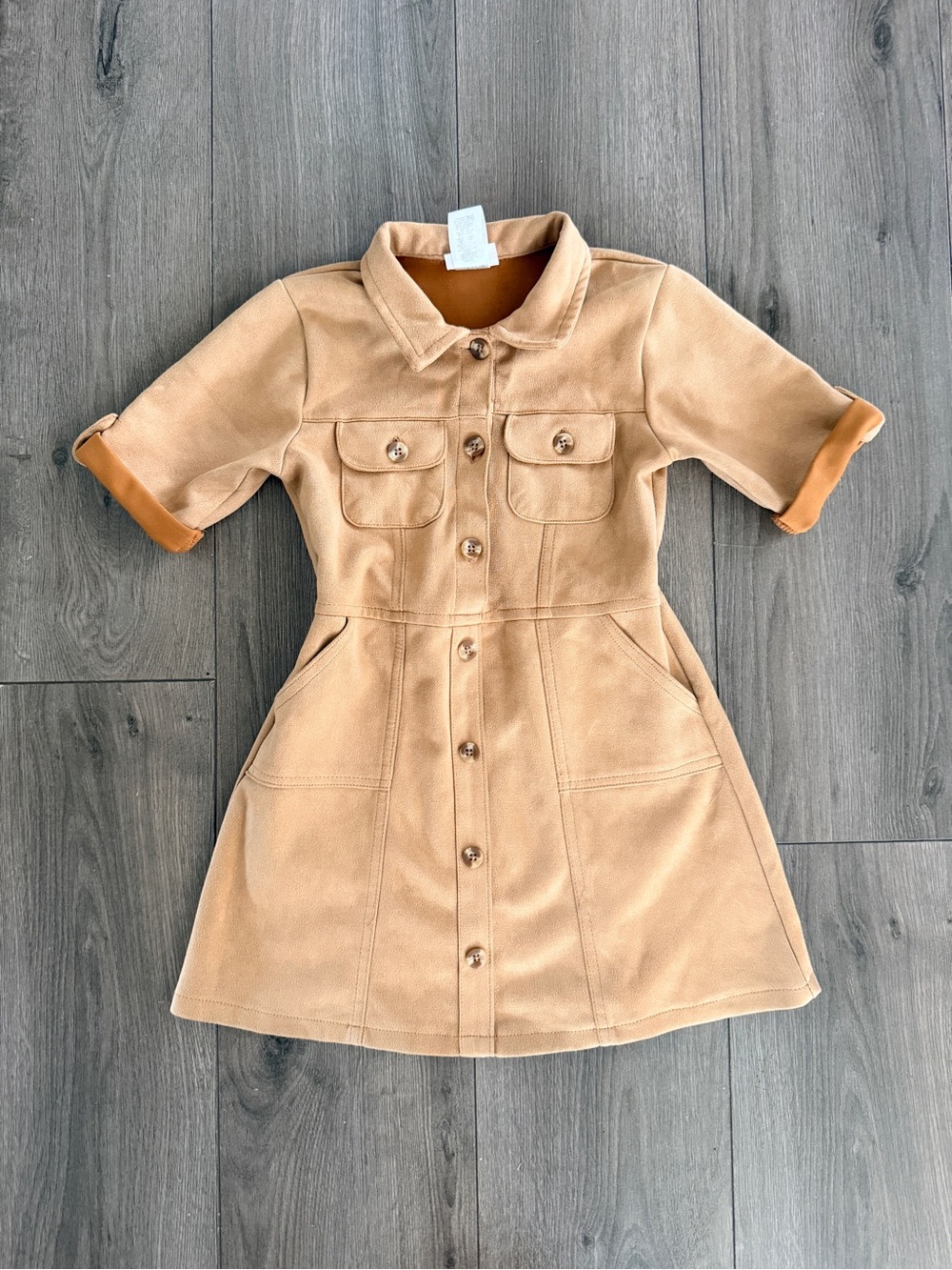 Tan Faux Suede Shirt Dress Button Front Utility Safari A-Line Short Sleeve